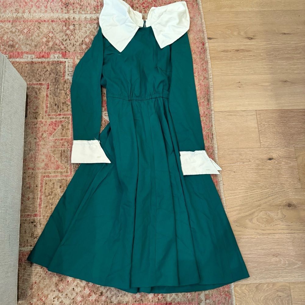 Vintage Women’s Green Peter Pan Cotton Dress White Collar No Sz